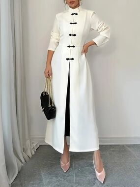 Mandarin Collar Maxi Dress in White with Contrast Frog Closures